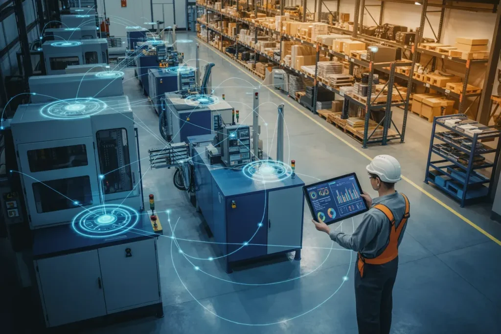 Factory worker monitoring connected IIoT sensors and manufacturing equipment through MES tablet interface