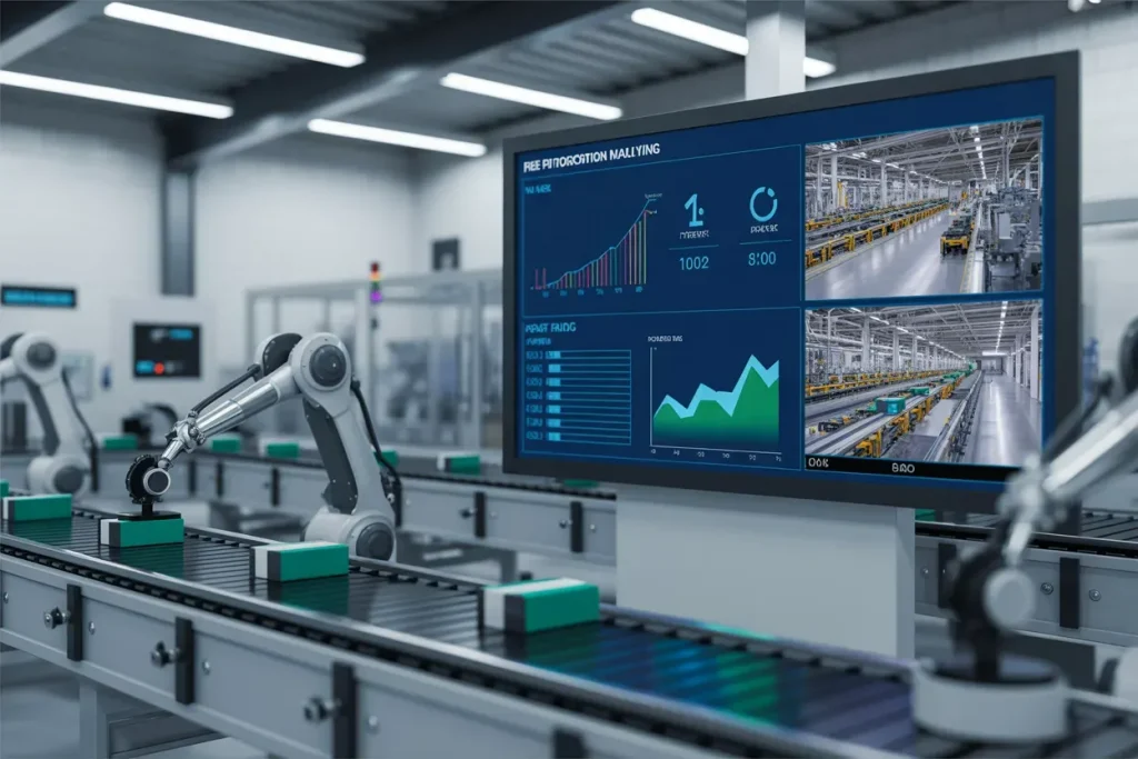 Manufacturing execution system dashboard showing ROI analytics and production performance metrics in real-time