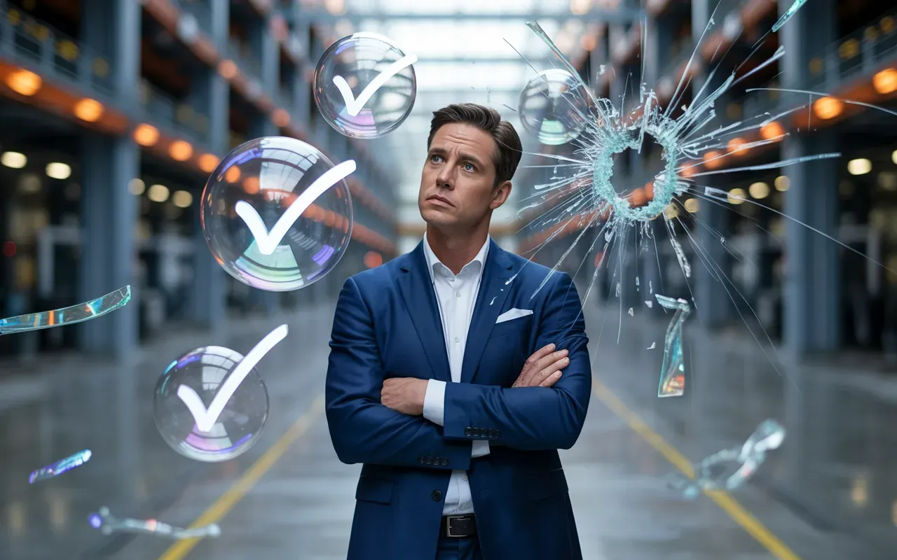 Manufacturing professional dispelling MES myths with digital transformation checkmarks in modern factory setting