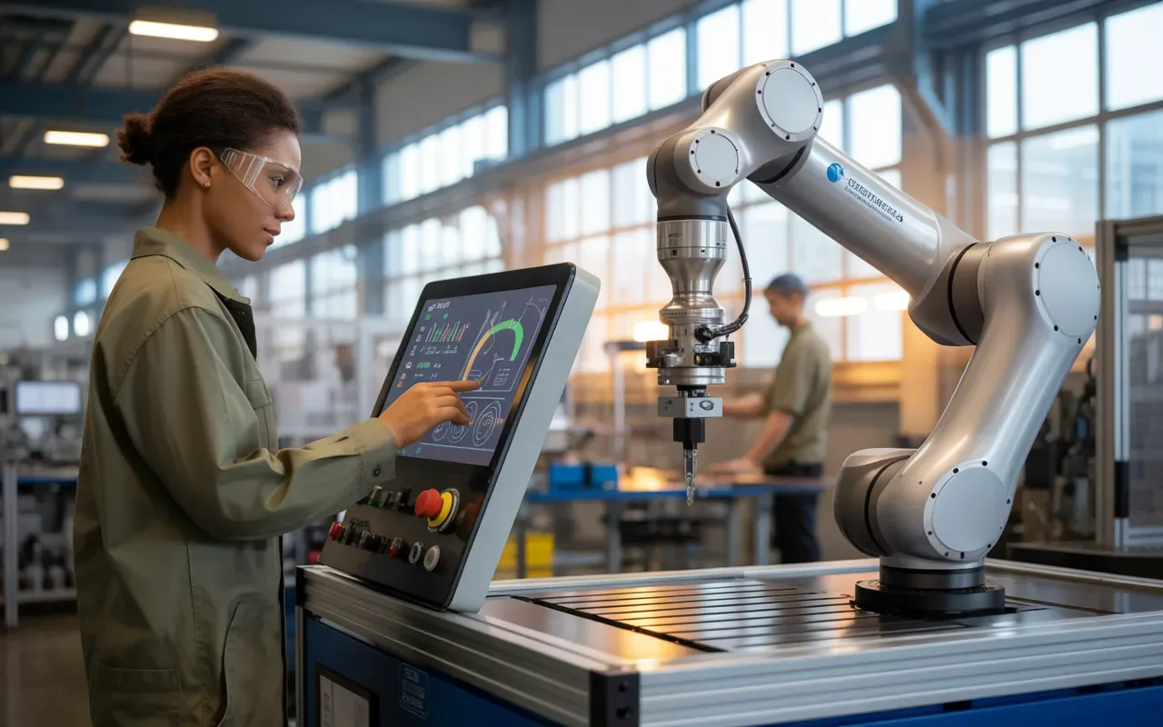 Factory worker collaborating with automated MES system and robotics for enhanced productivity and decision-making