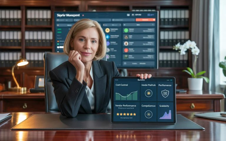 Executive reviewing VMS cost control and compliance benefits