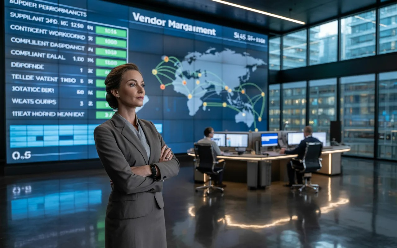 Procurement director reviewing live vendor management dashboard