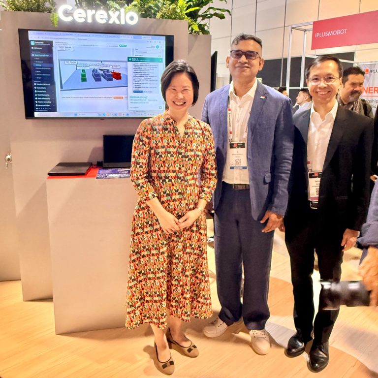 Ms Gan Siow Huang posing for a picture with Cerexio CEO Mr. Gowrishankar and Mr Zeng Yi Wong (Assistant Managing Director at Enterprise Singapore)